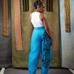 Sòkòtò Aṣọ-Òkè Bùlù Oníṣàpẹrẹ (Blue Aso Oke Pants with bejeweled Detailing)